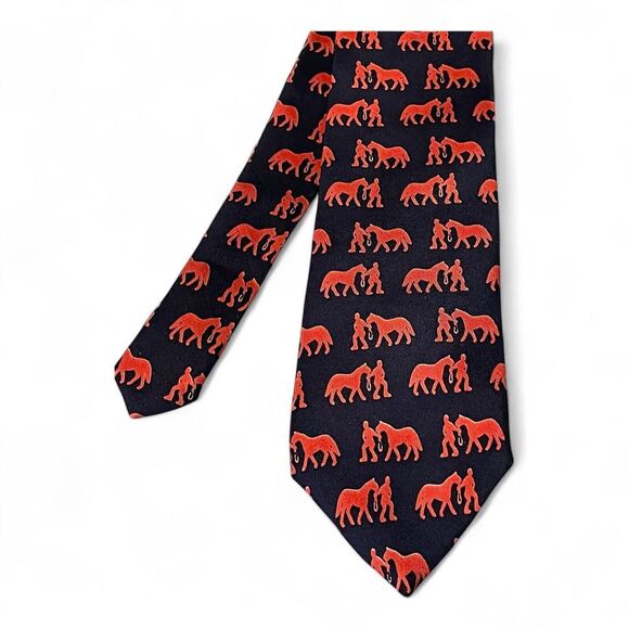 J. McLaughlin Horse & Jockey Print Classic Men's Silk Tie Navy / Pink Rare Print - Picture 1 of 4